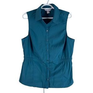 Athleta Levitate Poplin Tank Top Button Up Shirt Womens L Stretch Borealis Green